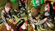 Při exhibici musí všechno 100% fungovat, každá chyba něco stojí. Kaskadéři se ještě před tím rozcvičují, motorky se dolaďují. "Podívejte, jak je špinavá!" ukazuje Martin Koreň na zapalovací svíčku a hned ji vyměňuje.