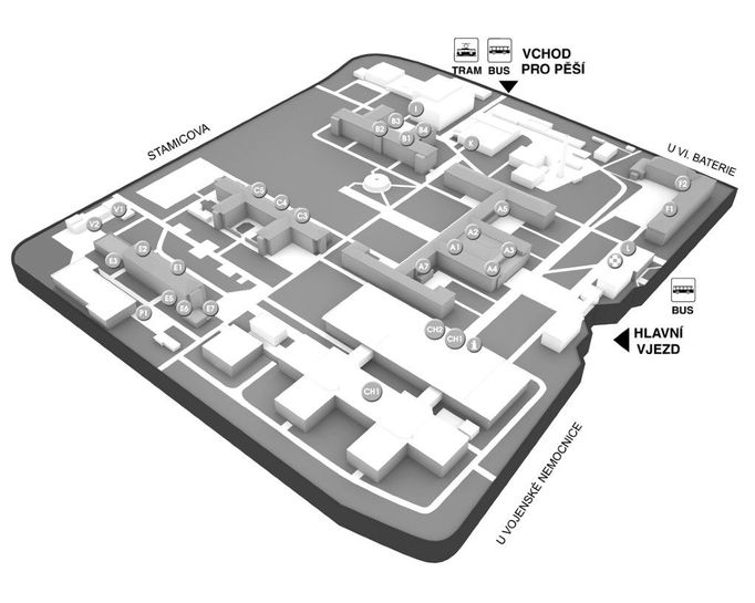 Mapa areálu Ústřední vojenské nemocnice, kde se léčí prezident Miloš Zeman. Je hospitalizovaný v objektu CH2.