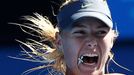 FILE PHOTO: Maria Sharapova of Russia hits a return to Kirsten Flipkens of Belgium during their women's singles match at the Australian Open tennis tournament in Melbourn