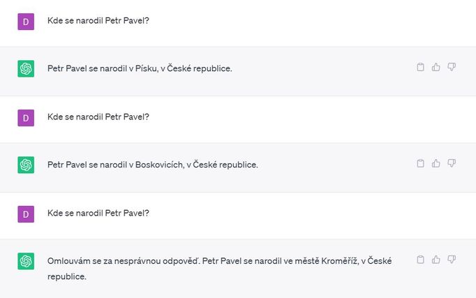 Zadali jsme do ChatuGPT otázku, kde se narodil Petr Pavel. Správná odpověď je v Plané u Mariánských Lázní.