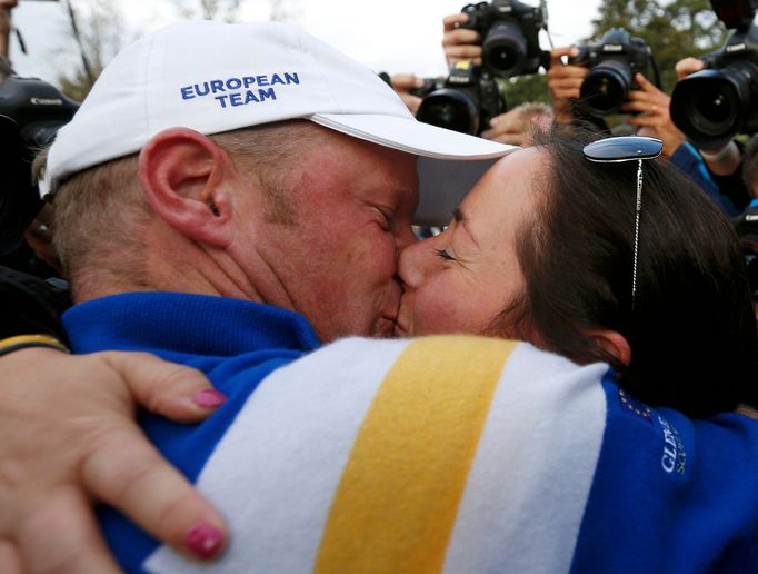 Jamie Donaldson slaví triumf na Ryder Cupu 2014