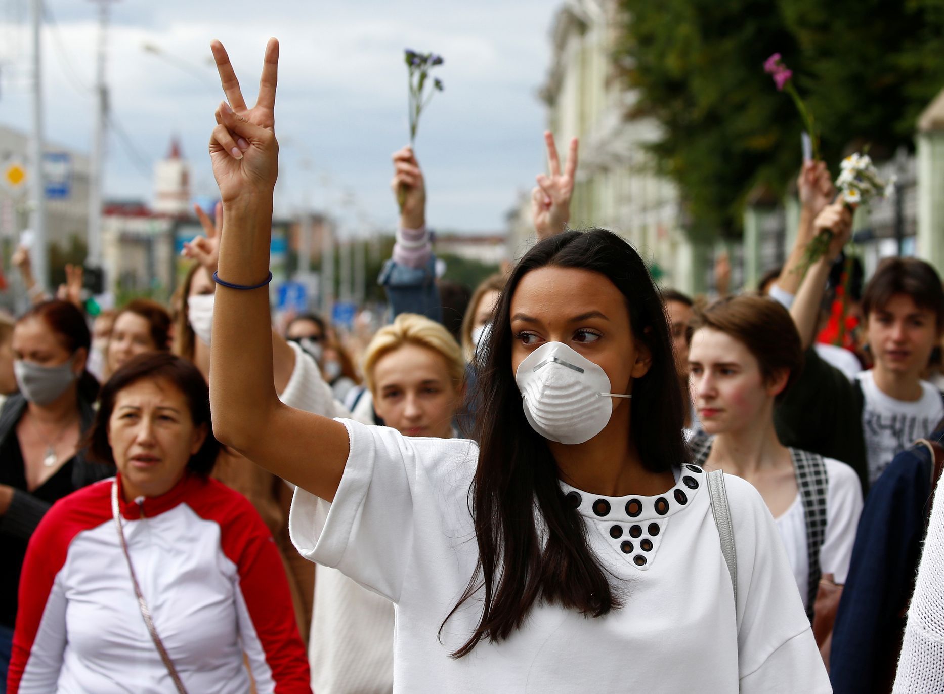 Demonstrace žen proti policejnímu násilí v Minsku.