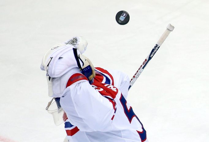 Goaltender Jakub Kovar of the Czech Republic saves during the second period of their men's ice hockey World Championship group A game against Canada at Chizhovka Arena in