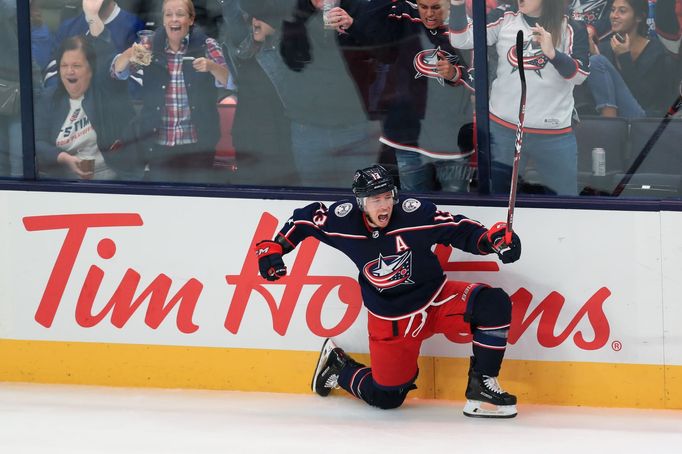 Oct 4, 2019; Columbus, OH, USA; Columbus Blue Jackets right wing Cam Atkinson (13) scores an unassisted goal against the Toronto Maple Leafs in the second period at Natio