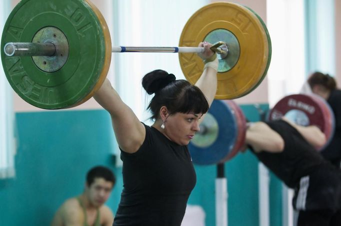 Kazakhstan's weightlifter Podobedova trains for the London 2012 Olympics in Almaty