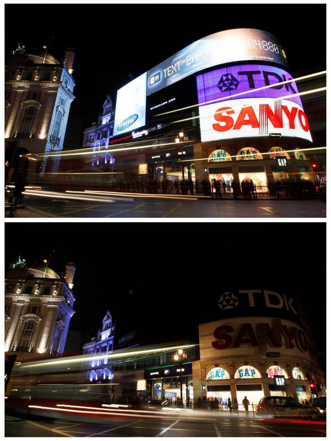 Picadilly Circus v Londýně před a během akce "Hodina Země".