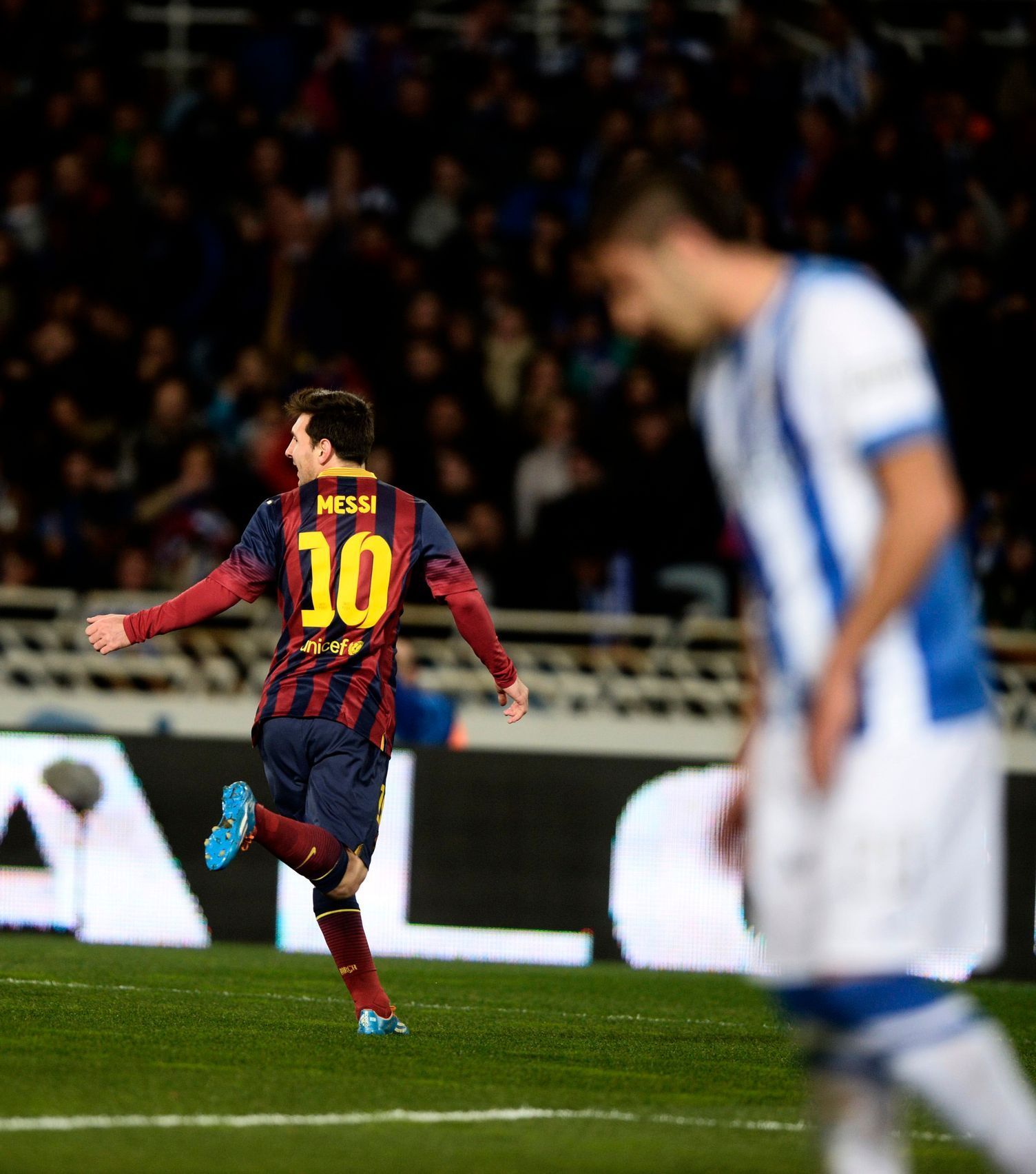 Barcelona's Messi celebrates a goal during their Spanish King's Cup semi-final second leg soccer match against Real Sociedad in San Sebastian
