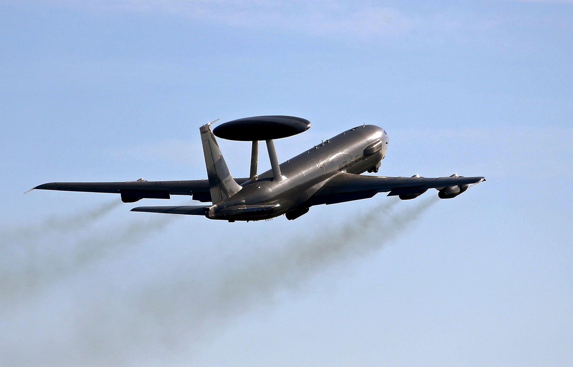 A NATO AWACS aircraft takes-off for flight to Romania from AWACS air base in Geilenkirchen near the German-Dutch border