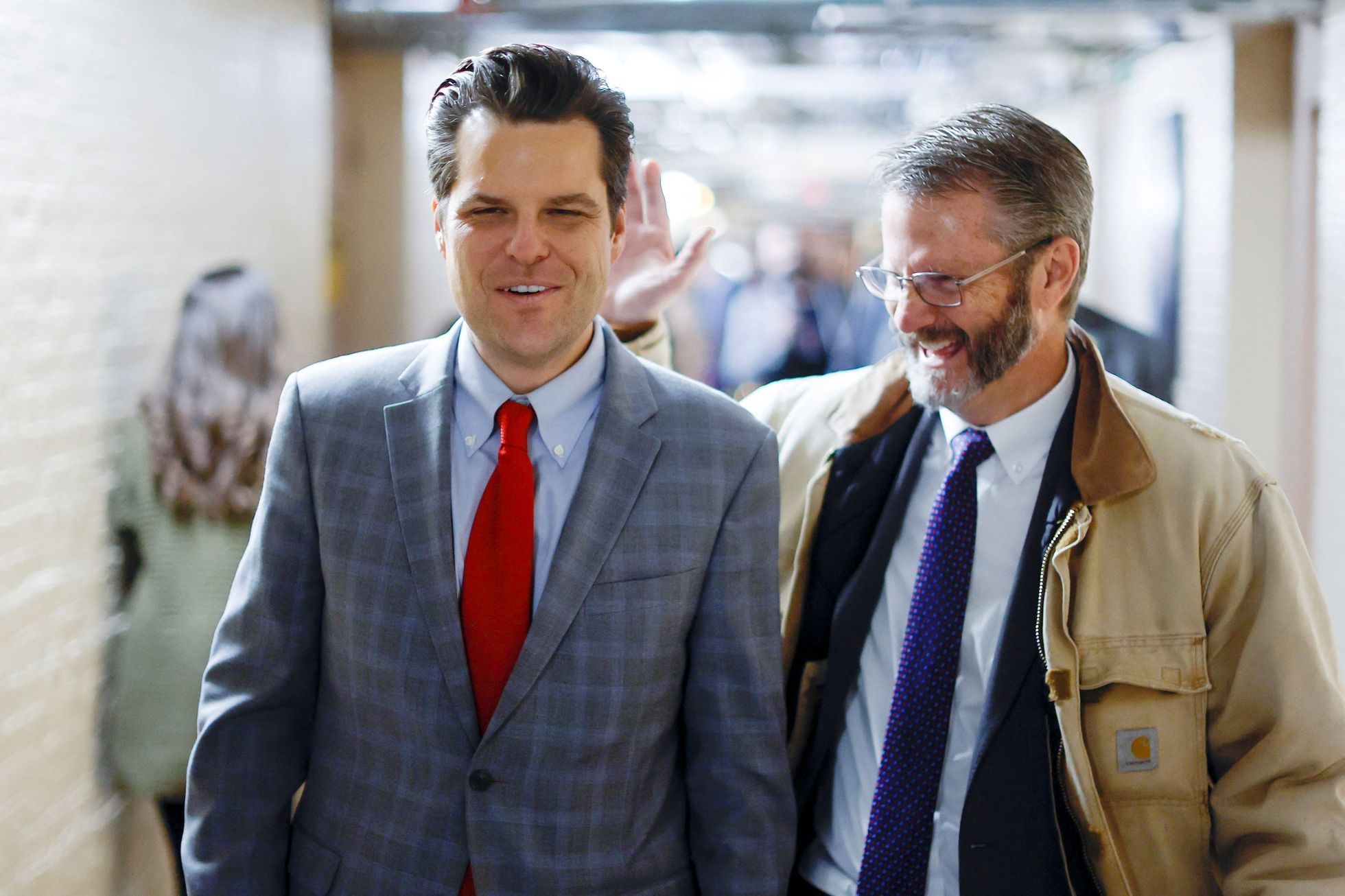 Matt Gaetz a Tim Burchett po setkání republikánů v Kapitolu.