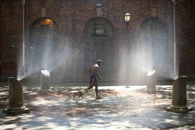 Roberto Tony-Jean, and his dog Luna, run through water sprinklers during a hot day in New York, August 4, 2012. Temperatures are expected to reach about 93 degrees Fahrenheit (34 Celcius) today in New York. REUTERS/Andrew Burton (UNITED STATES - Tags: ENVIRONMENT TPX IMAGES OF THE DAY) Published: Srp. 4, 2012, 6:25 odp.