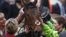 Women pat racehorse Rock on Ruby after it won the Champion Hurdle Challenge Trophy at the Cheltenham Festival horse racing meet in Gloucestershire, western England March 13, 2012.