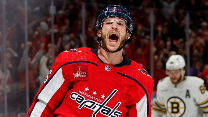 Apr 15, 2024; Washington, District of Columbia, USA; Washington Capitals center Nic Dowd (26) celebrates after scoring an empty net goal as Boston Bruins right wing David