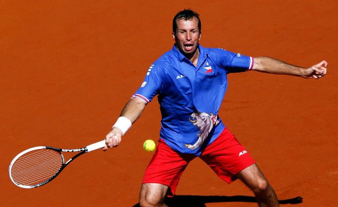 Český tenista Radek Štěpánek v prvním semifinálovém utkání Davis Cupu 2012 s Argentincem Juanem Martínem ael Potrem.