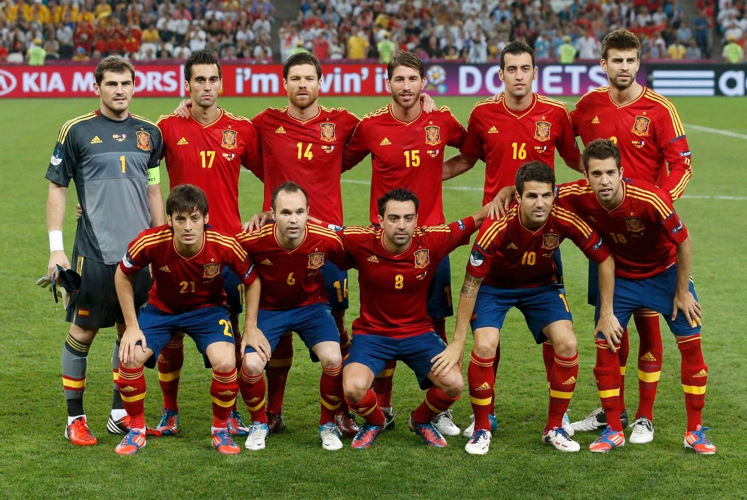 Španělský fotbalový tým před čtvrtfinálovém utkání Španělska s Francií na Euru 2012