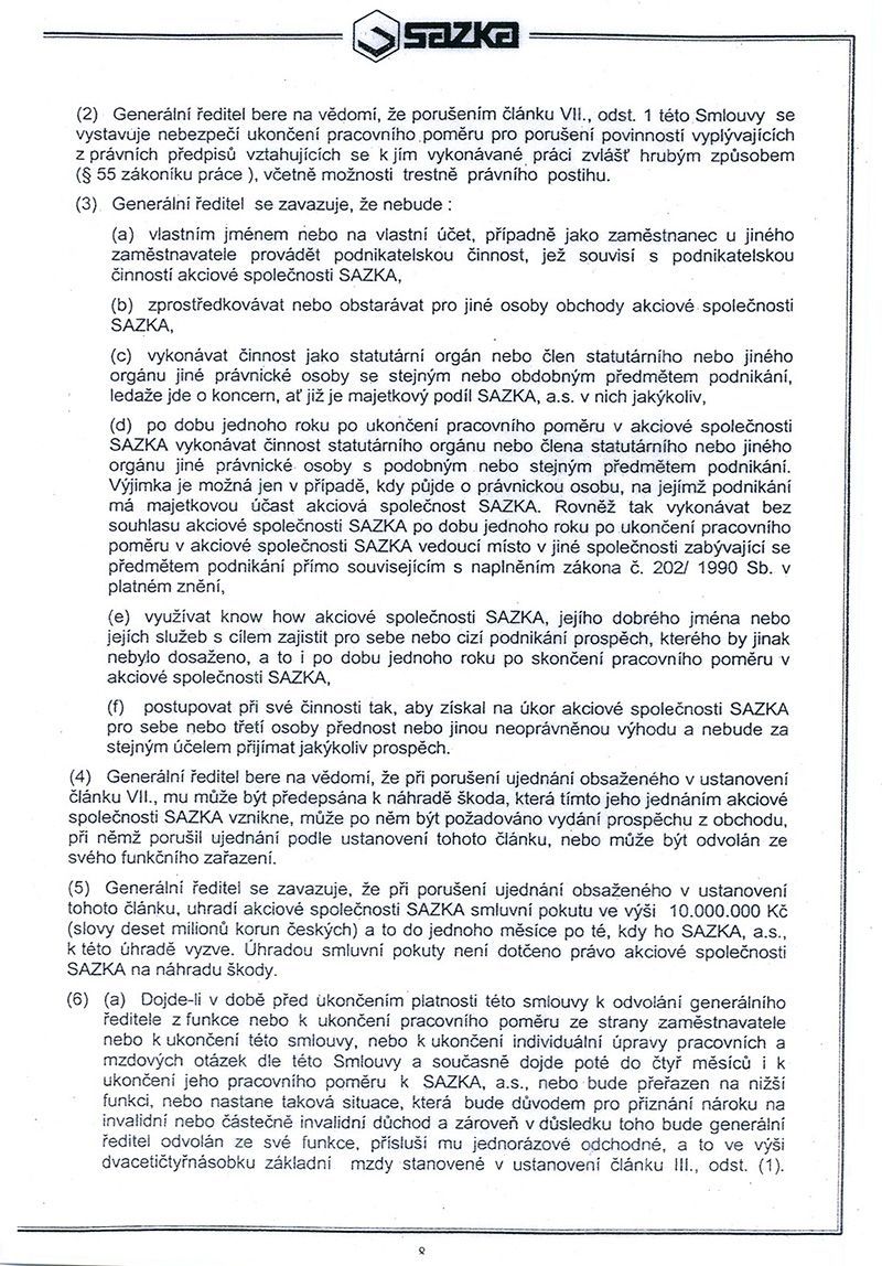 Pracovní smlouva generálního ředitele Sazky Aleše Hušáka