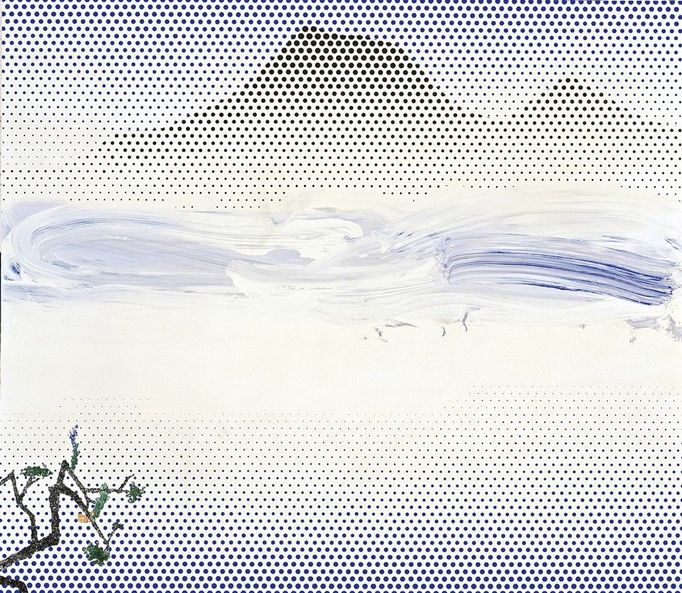 Roy Lichtenstein: Landscape with Philosopher, 1996. Ke konci života se Lichtenstein oddal meditaci v podobě krajinomaleb, svou inspiraci a vášeň našel v malířích dynastie Sung (960-1279).