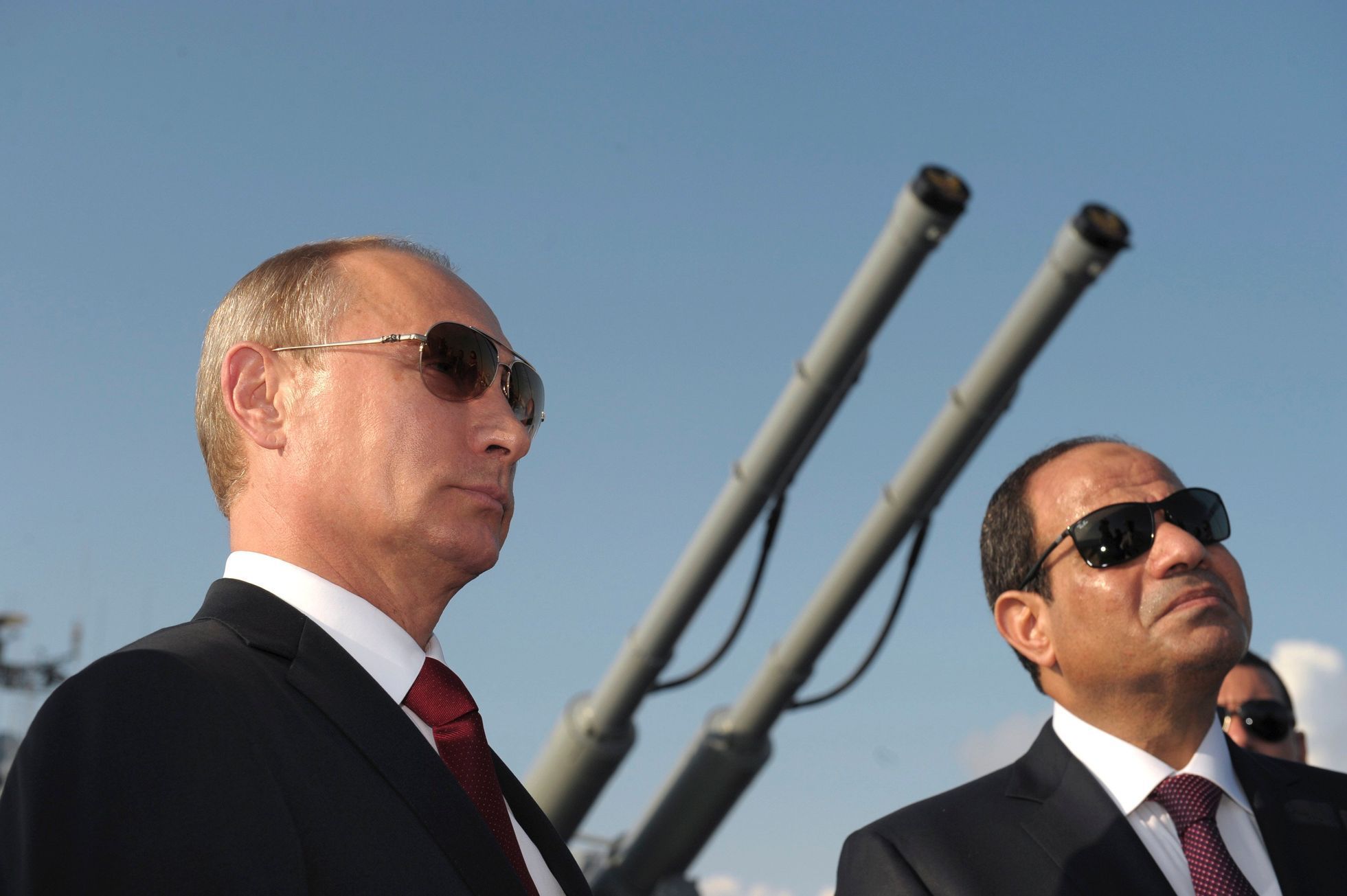 Russia's President Putin and his Egyptian counterpart Sisi attend a welcoming ceremony onboard guided missile cruiser Moskva at Sochi