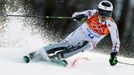 Bank of the Czech Republic competes in the slalom run of the men's alpine skiing super combined event at the 2014 Sochi Winter Olympics