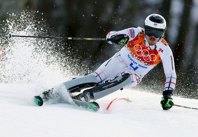 Bank of the Czech Republic competes in the slalom run of the men's alpine skiing super combined event at the 2014 Sochi Winter Olympics