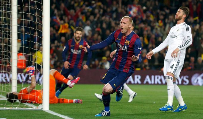 Barcelona's Mathieu celebrates his goal past Real Madrid's goalkeeper Casillas and Ramos during their Spanish first division &quot;Clasico&quot; soccer match at Camp Nou