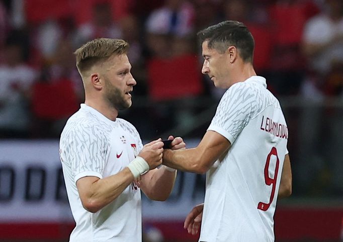 Jakub Blaszczykowski a Robert Lewandowski v zápase Polska s Německem.