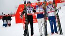 Bauer of the Czech Republic, Norway's Northug and Sweden's Olsson pose after the men's cross country 50 km mass start classic race at the Nordic World Ski Championships i