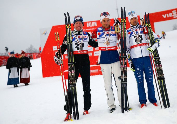 Bauer of the Czech Republic, Norway's Northug and Sweden's Olsson pose after the men's cross country 50 km mass start classic race at the Nordic World Ski Championships i