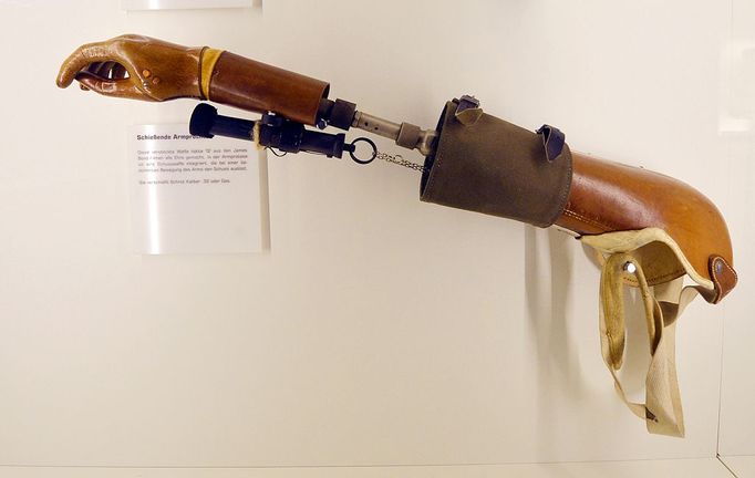 An arm prosthesis with a gun is on display at the new spy museum in Oberhausen, Germany, Monday, April 340, 2012. The exhibition "Top Secret" explains the work of secret services and shows unique original details from the Russian KGB, the CIA or the east German STASI during the cold war. (AP Photo/Martin Meissner)