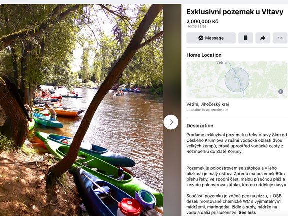 "Exkluzivní pozemek u Vltavy", který Ladislav Vrabel plánuje prodat za 2 miliony korun.