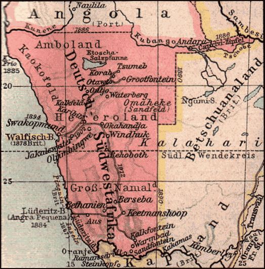 Německá jihozápadní Afrika, mapa z roku 1904. | Foto: Wikimedia Commons - CC BY-SA 3.0