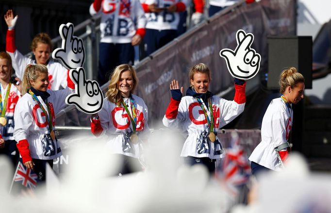 FILE PHOTO: Britain Olympics - Team GB Homecoming Parade - London - 18/10/16  Alex Danson of Britain with team mates during the Parade  Action Images via Reuters / Peter