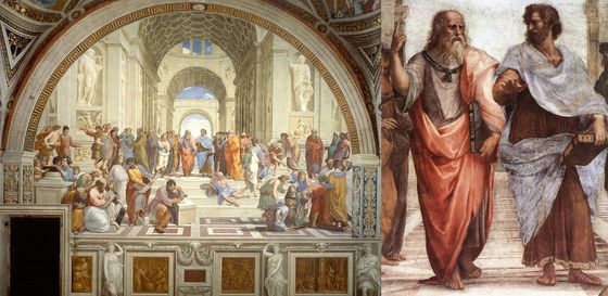 Raffael, Athénská škola, nástěnná výzdoba stěny soukromé papežovy pracovny a knihovny, 1510–11. Vpravo je detail Platóna (vlevo) s Aristotelem.