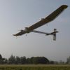 A Solar Impulse aircraft takes off at Payerne airport May 24, 2012. The Solar Impulse HB-SIA prototype aircraft, which has 12,000 solar cells built into its 64.3 metres (193 feet) wings, attempted its first intercontinental flight from Payerne to Rabat in Morocco with a few days for a technical stop and a change of pilot in Madrid. This flight will act as a final rehearsal for the 2014 round-the-world flight. REUTERS/Denis Balibouse (SWITZERLAND - Tags: TRANSPORT SCIENCE TECHNOLOGY SOCIETY) Published: Kvě. 24, 2012, 7:21 dop.