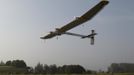 A Solar Impulse aircraft takes off at Payerne airport May 24, 2012. The Solar Impulse HB-SIA prototype aircraft, which has 12,000 solar cells built into its 64.3 metres (193 feet) wings, attempted its first intercontinental flight from Payerne to Rabat in Morocco with a few days for a technical stop and a change of pilot in Madrid. This flight will act as a final rehearsal for the 2014 round-the-world flight. REUTERS/Denis Balibouse (SWITZERLAND - Tags: TRANSPORT SCIENCE TECHNOLOGY SOCIETY) Published: Kvě. 24, 2012, 7:21 dop.