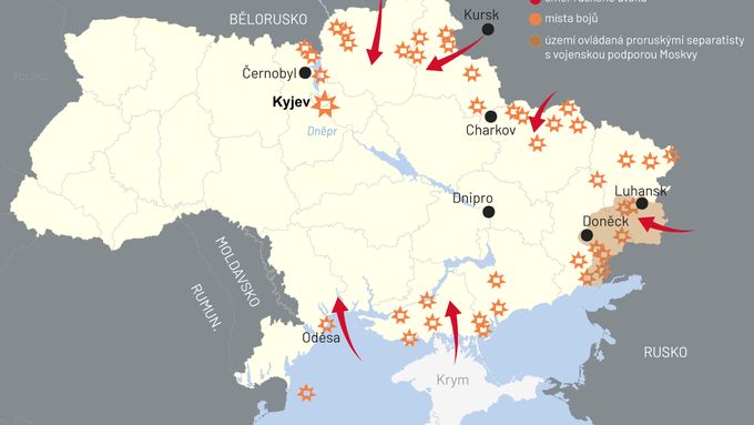 Aktuální místa bojů na Ukrajině.
