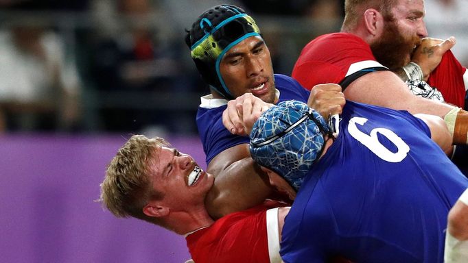 Rugby Union - Rugby World Cup 2019 - Quarter Final - Wales v France - Oita Stadium, Oita, Japan - October 20, 2019  France's Sebastien Vahaamahina hits Wales' Aaron Wainw