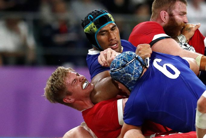 Rugby Union - Rugby World Cup 2019 - Quarter Final - Wales v France - Oita Stadium, Oita, Japan - October 20, 2019  France's Sebastien Vahaamahina hits Wales' Aaron Wainw