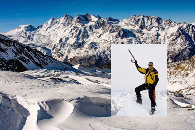 Ilustrační koláž: Na archivním snímku by měl být zachycena jedna z obětí tragické události Michal Kroupa, v pozadí masiv hor Täschhorn Mischabel