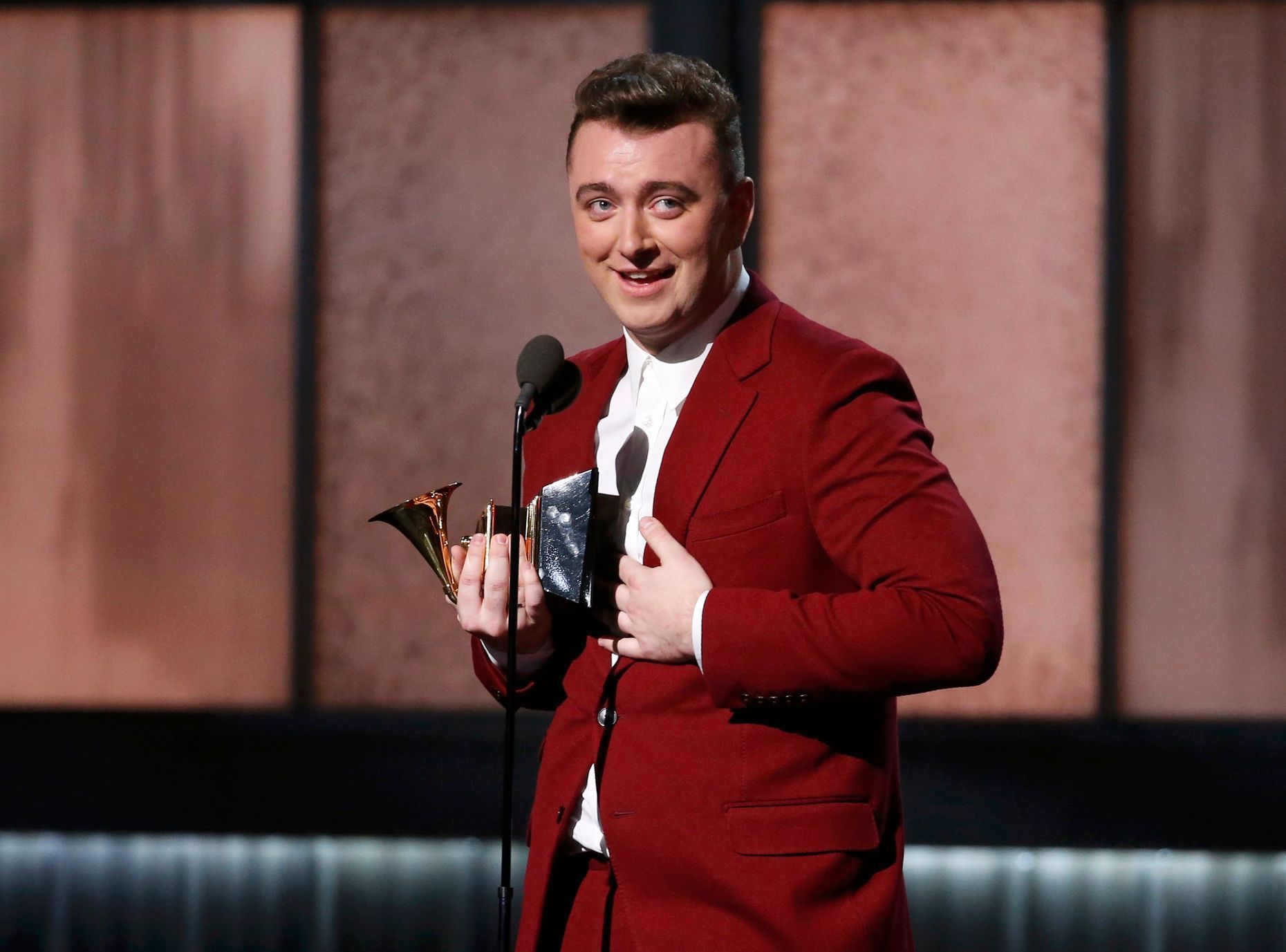 Sam Smith accepts the award for best new artist at the 57th annual Grammy Awards in Los Angeles