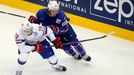 Norway's Niklas Roest (L) battles for the puck with France's Antoine Roussel (R) during the second period of their men's ice hockey World Championship Group A game at Chi