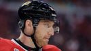 Chicago Blackhawks right wing Marian Hossa (81) looks out from his helmet as he plays against the Boston Bruins during Game 1 of their NHL Stanley Cup Finals hockey serie