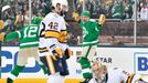 Jan 1, 2020; Dallas, TX, USA; Dallas Stars defenseman Andrej Sekera (5) celebrates with teammates after scoring a goal against the Nashville Predators during the third pe