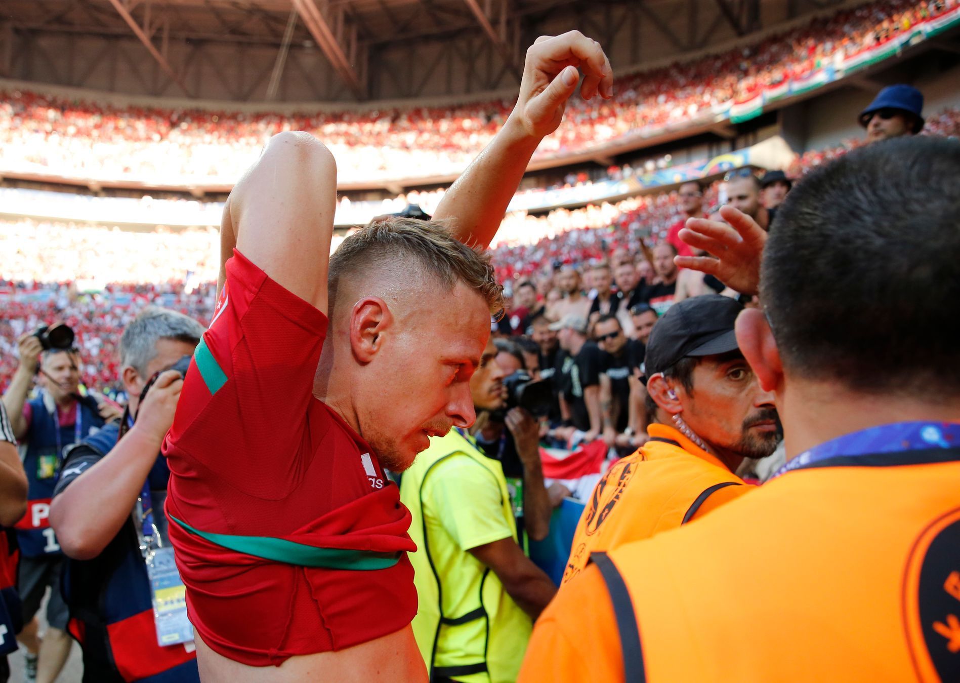 Hungary's Balazs Dzsudzsak celebrates after the match with their fans