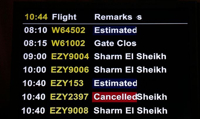 Tabule s odlety. Let do do Šarm aš-Šajchu je zrušen.