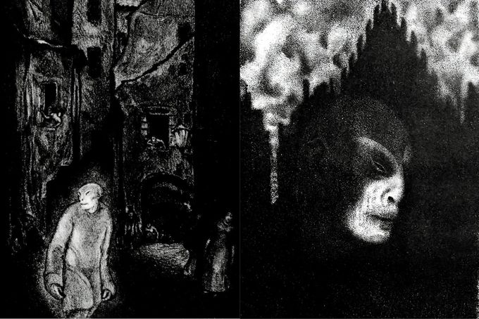 Hugo Steiner-Prag, Zjevení Golema, ilustrace k románu Der Golem Gustava Meyrinka, 1916. Litografie, expresionistický styl. Koláž dvou kreseb.