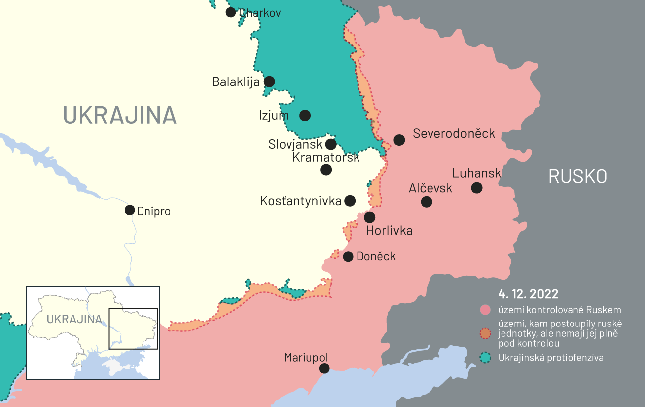 4. prosince 2022: Mapa bojů na Ukrajině