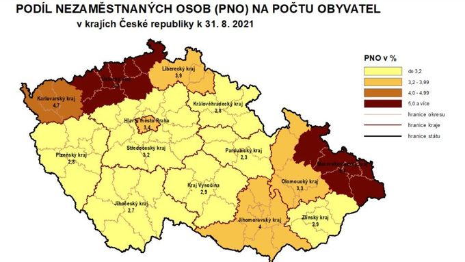 Podíl nezaměstnaných osob (PNO) na počtu obyvatel v krajích ČR k 31. srpnu 2021