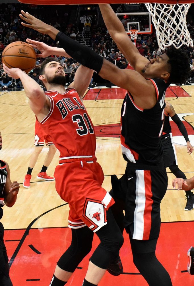 Nov 25, 2019; Chicago, IL, USA; Chicago Bulls guard Tomáš Satoranský (31) goes to the basket as Portland Trail Blazers center Hassan Whiteside (21) defends him during the