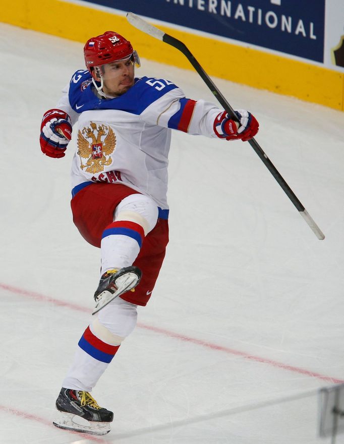 Russia's Sergei Shirokov celebrates his goal against Sweden during the first period of their men's ice hockey World Championship semi-final game at Minsk Arena in Minsk M