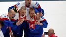 2022 Beijing Olympics - Ice Hockey - Men's Bronze Medal Game - Sweden v Slovakia - National Indoor Stadium, Beijing, China - February 19, 2022.  Slovakia players celebrat